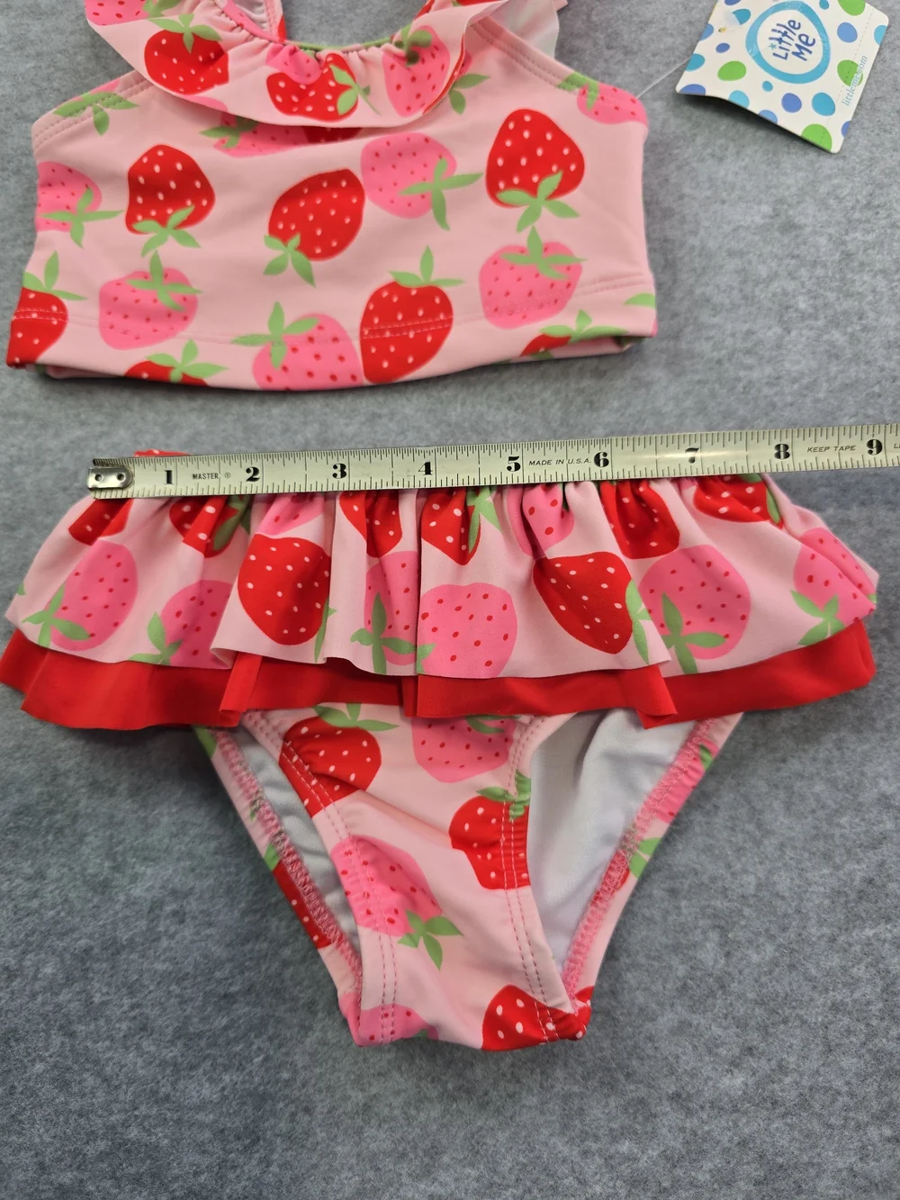 NWT Little Me Strawberry Print Ruffle Two-Piece Girls Swimsuit - Pink & Red 18M